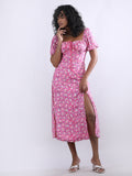 Pink printed Maxi side slit Bustier Flared Dress - My Store