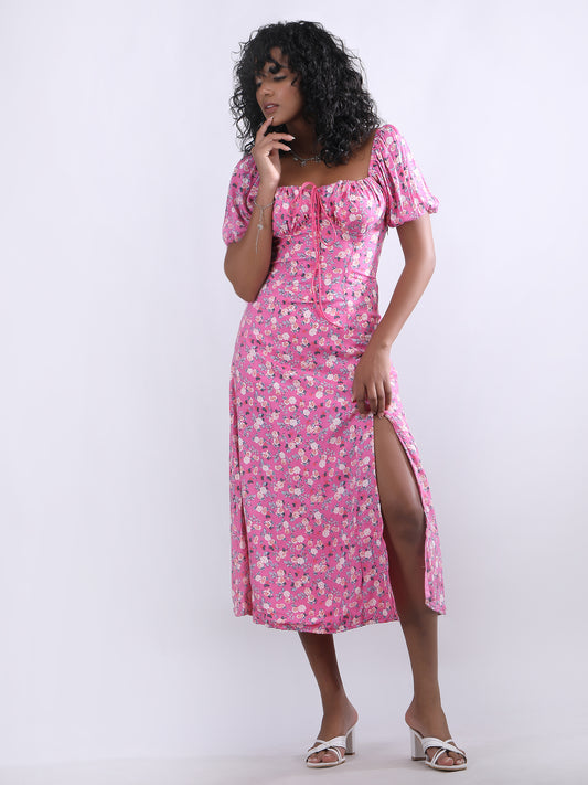 Pink printed Maxi side slit Bustier Flared Dress - My Store