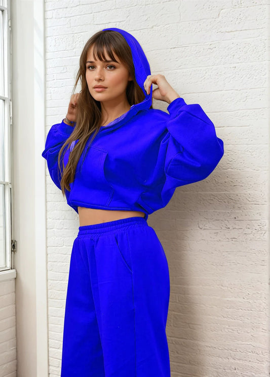 Royal Blue Fleece Cropped oversized hoodie Co-ord Set.