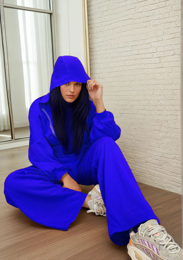 Royal Blue Fleece Cropped oversized hoodie Co-ord Set.