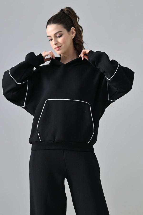 Piping detailed Black Fleece oversized hoodie Co-ord Set.
