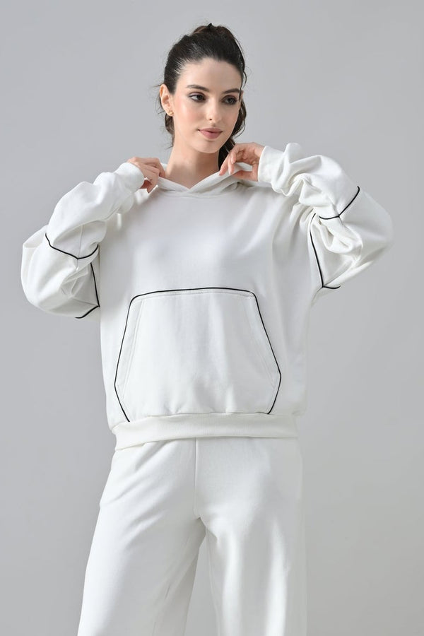 Piping detailed White Fleece oversized hoodie Co-ord Set.