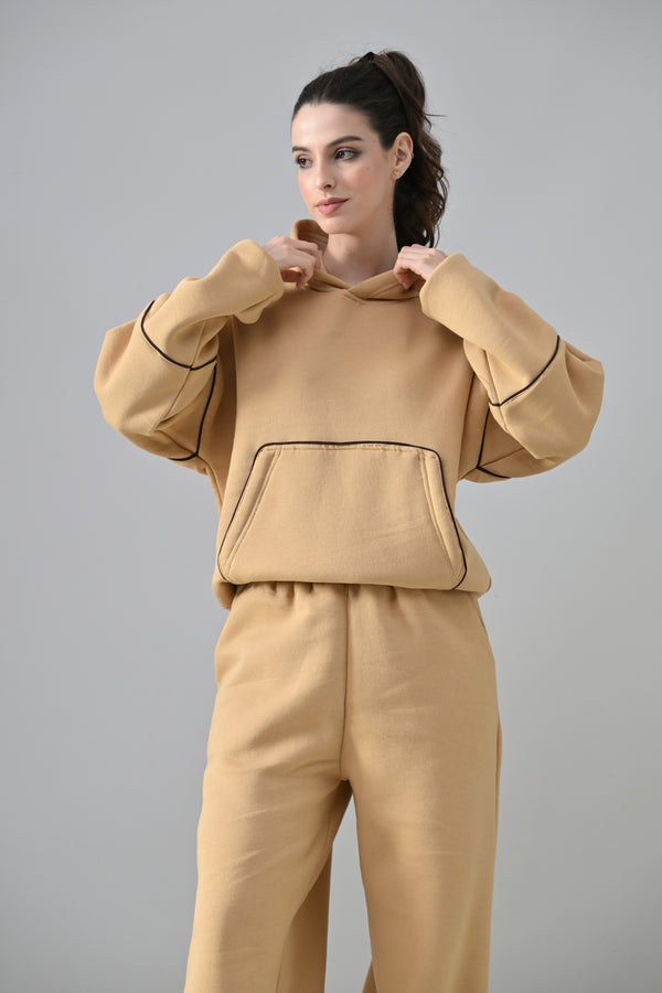 Piping detailed Beige Fleece oversized hoodie Co-ord Set.