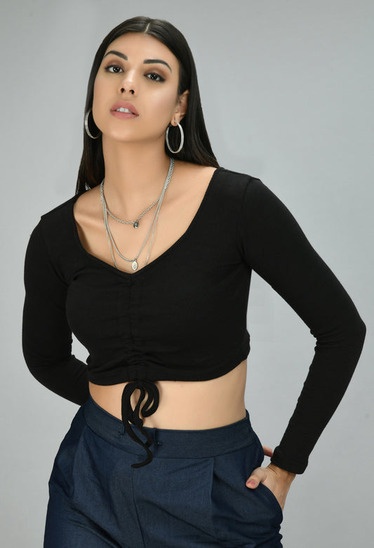 Casual Black Drawstring Lycra Top - My Store