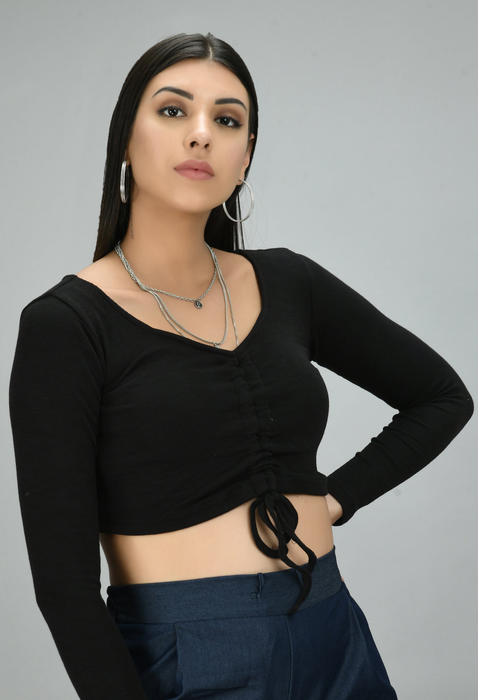 Casual Black Drawstring Lycra Top - My Store