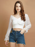 Casual Net Sleeves White Lycra Top - My Store