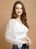 Casual Net Sleeves White Lycra Top - My Store