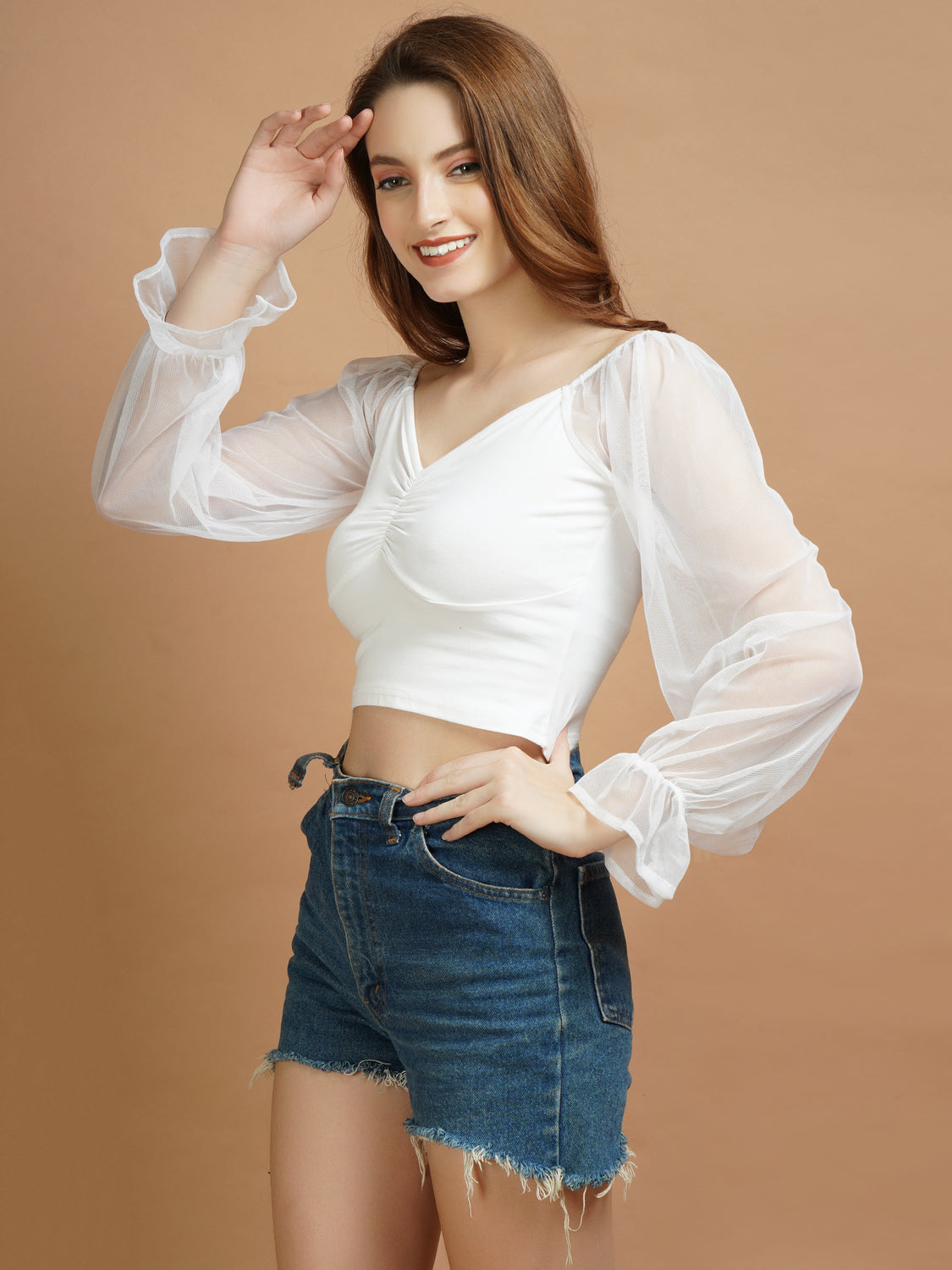 Casual Net Sleeves White Lycra Top - My Store