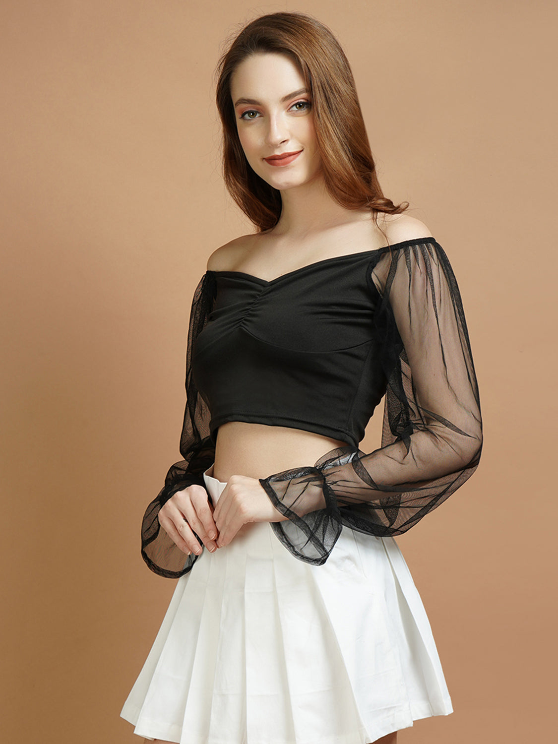 Casual Net Sleeves Black Lycra Top - My Store