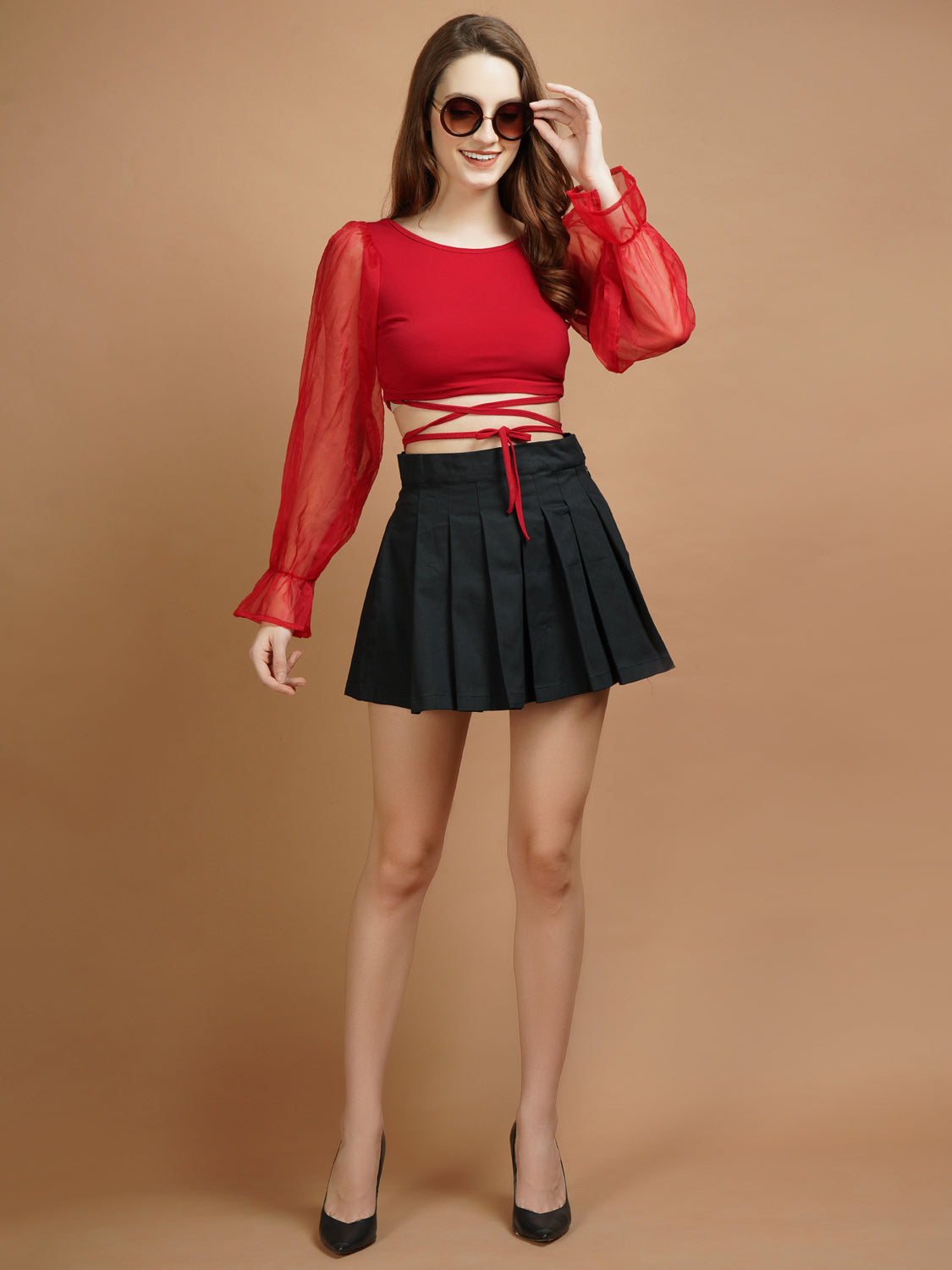 Organza Sleeve Red Lycra Tie Top - My Store