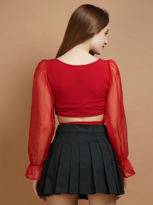 Organza Sleeve Red Lycra Tie Top - My Store