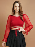 Organza Sleeve Red Lycra Tie Top - My Store