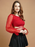 Organza Sleeve Red Lycra Tie Top - My Store