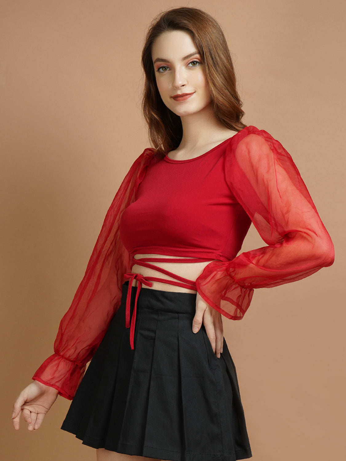 Organza Sleeve Red Lycra Tie Top - My Store