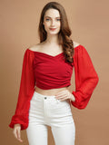 Casual Overlapped Red Lycra Top - My Store