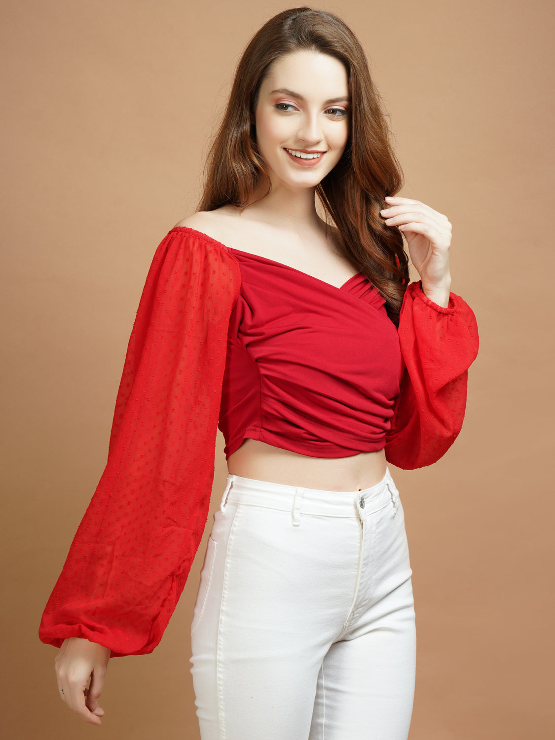 Casual Overlapped Red Lycra Top - My Store