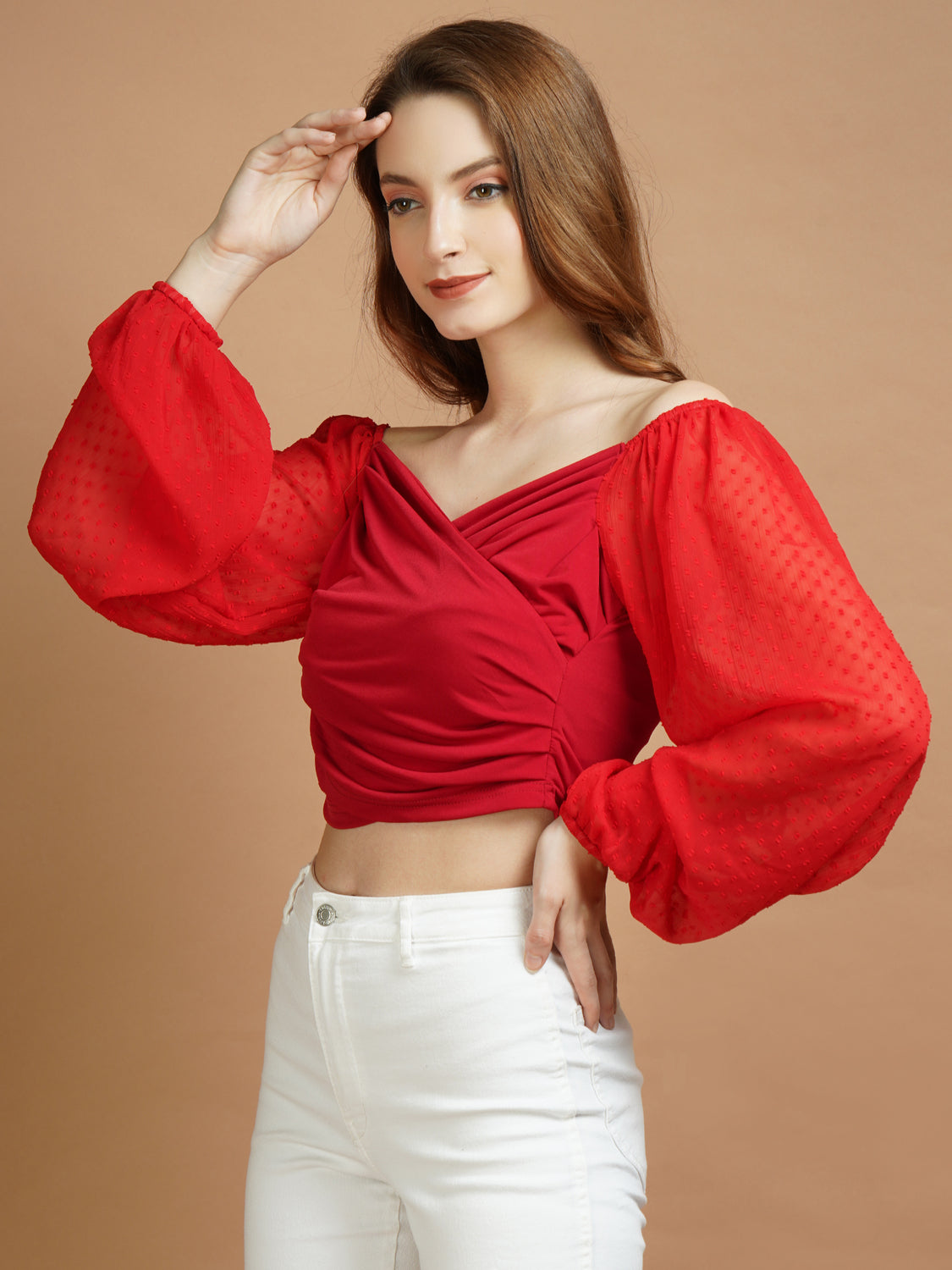 Casual Overlapped Red Lycra Top - My Store