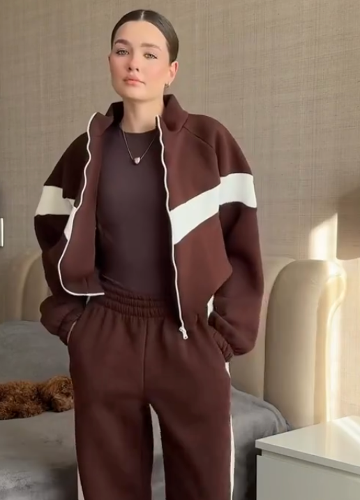 Striped Coffee Fleece Cropped oversized hoodie Co-ord Set.